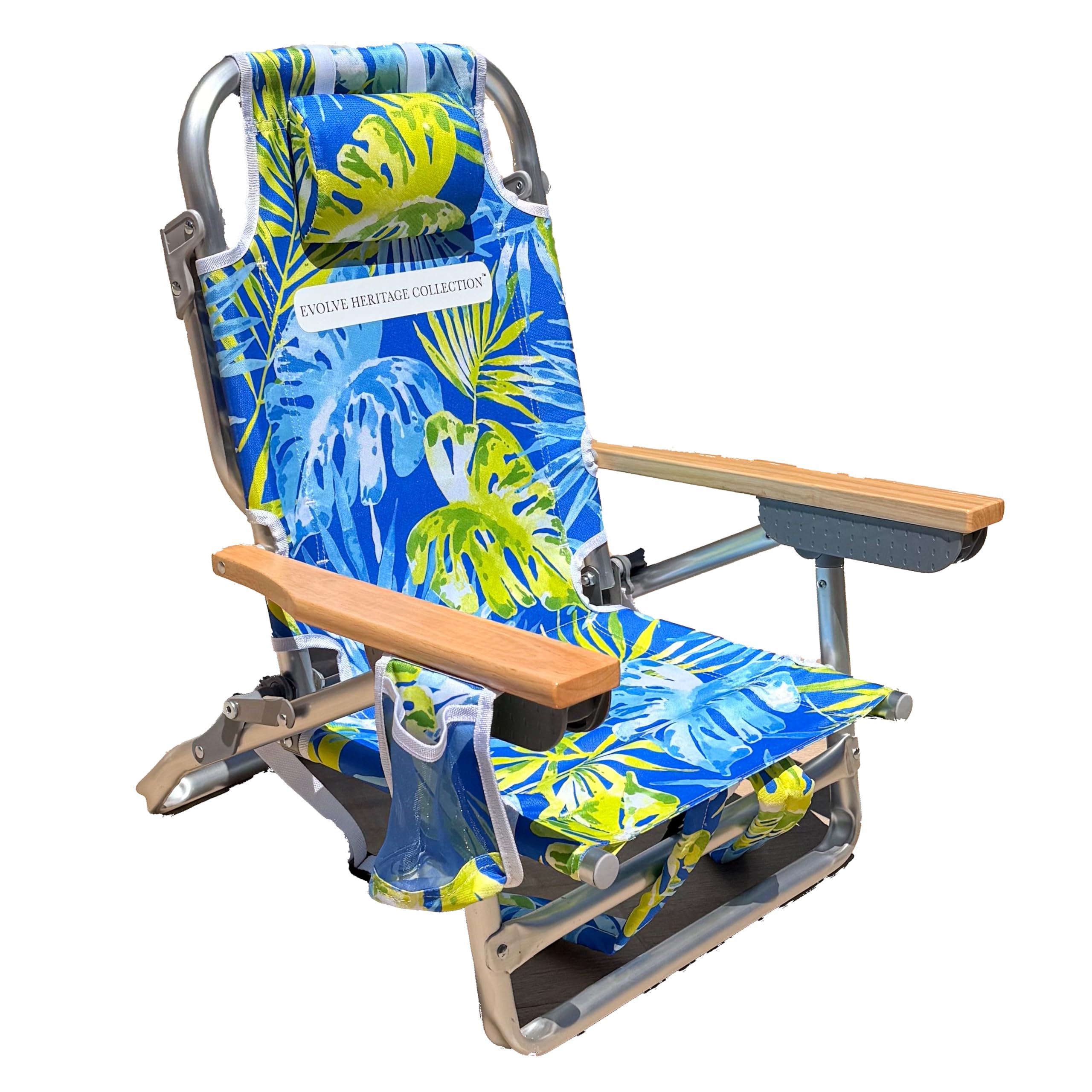 Evolve Heritage Collection Premium Kids Beach Chair w/Wood Arms & Backpack Carry - Ultra-Lightweight, Foldable, Reclining, Multi-Position